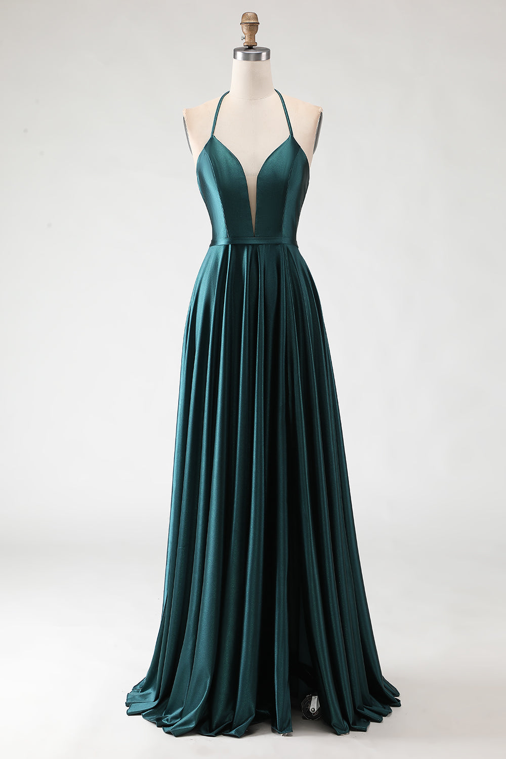 open lace back dress Dark Green Halter Plunging Neck Mermaid Ruffled Prom Dress