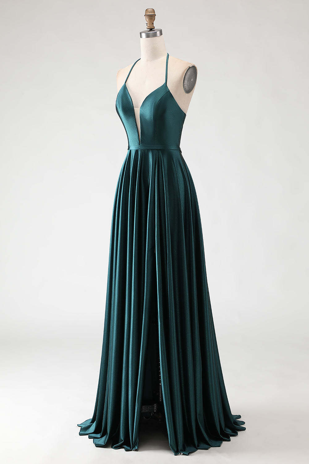 Sparkly Dark Green Halter Neck A Line Maxi Prom Dress with Slit
