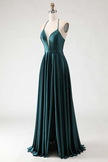 Sparkly Dark Green Halter Neck A Line Maxi Prom Dress with Slit