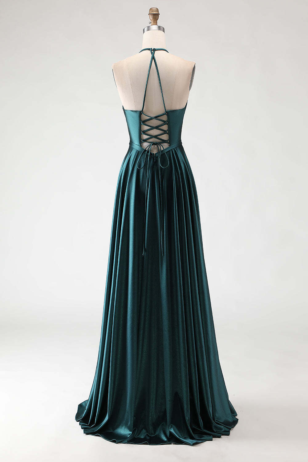 Sparkly Dark Green Halter Neck A Line Maxi Prom Dress with Slit