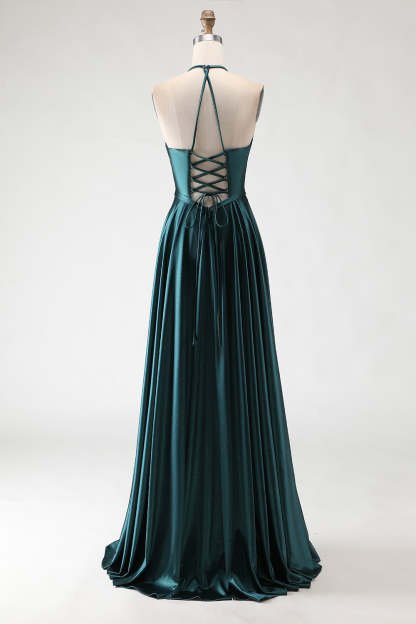 Sparkly Dark Green Halter Neck A Line Maxi Prom Dress with Slit