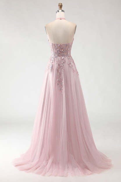 Sparkly Blush Pink A-Line Long Tulle Prom Dress with Appliques
