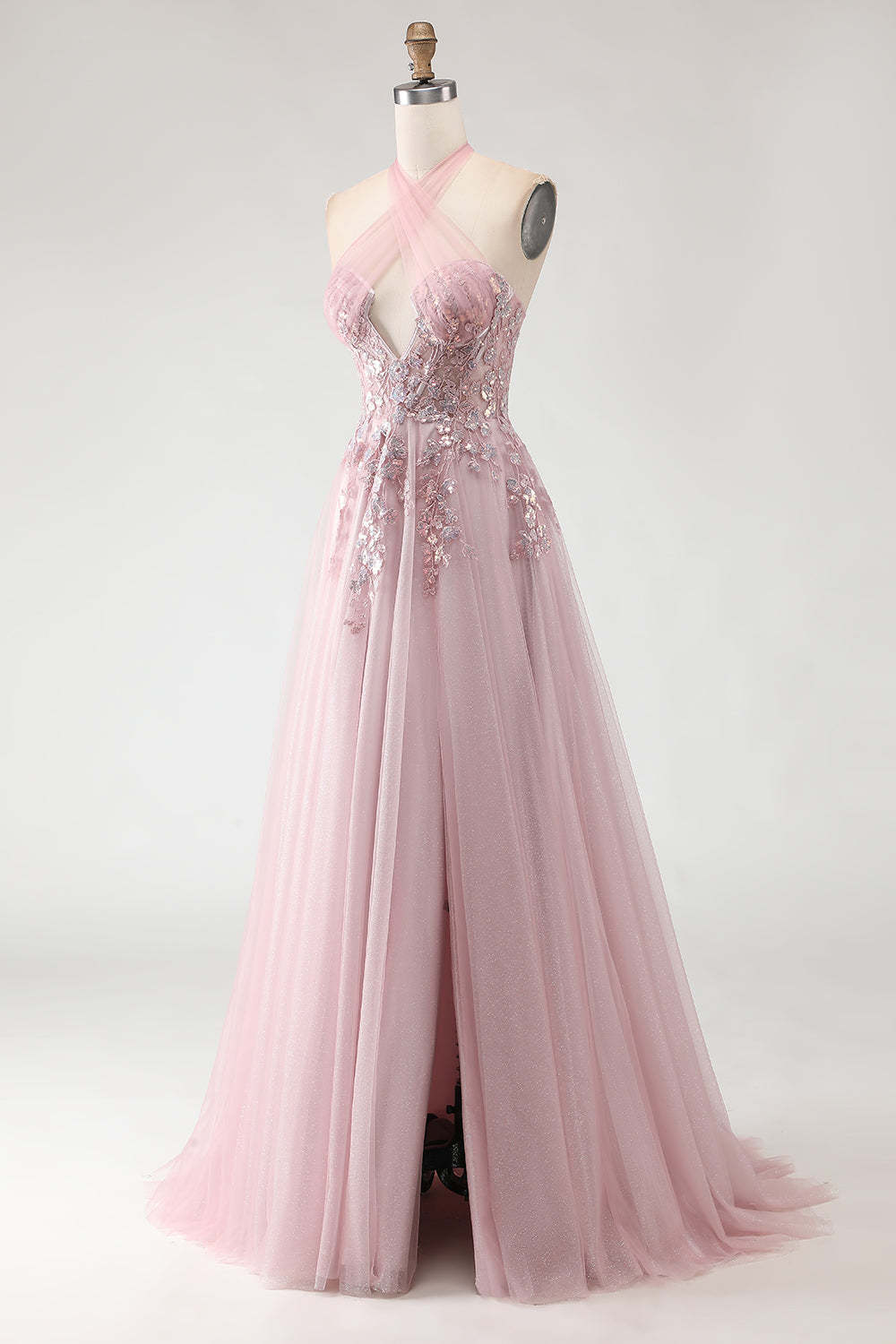Sparkly Blush Pink A-Line Long Tulle Prom Dress with Appliques