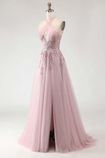 Sparkly Blush Pink A-Line Long Tulle Prom Dress with Appliques