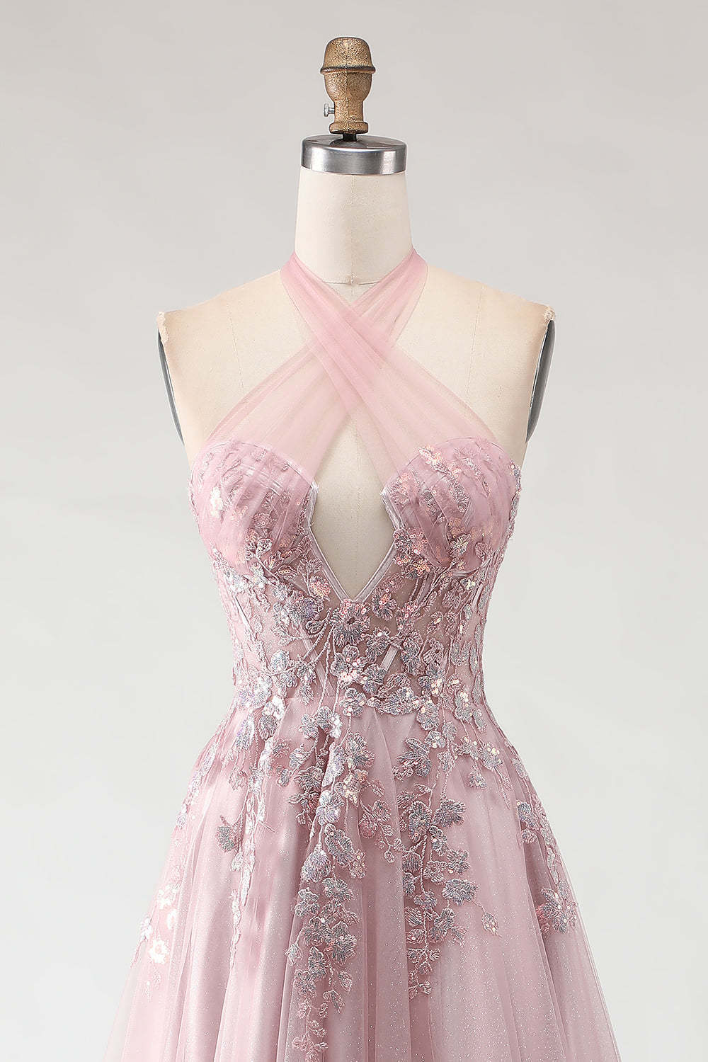 Sparkly Blush Pink A-Line Long Tulle Prom Dress with Appliques