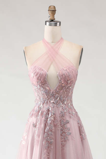 Sparkly Blush Pink A-Line Long Tulle Prom Dress with Appliques