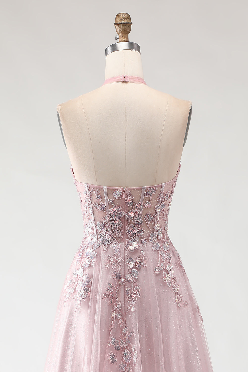 Sparkly Blush Pink A-Line Long Tulle Prom Dress with Appliques