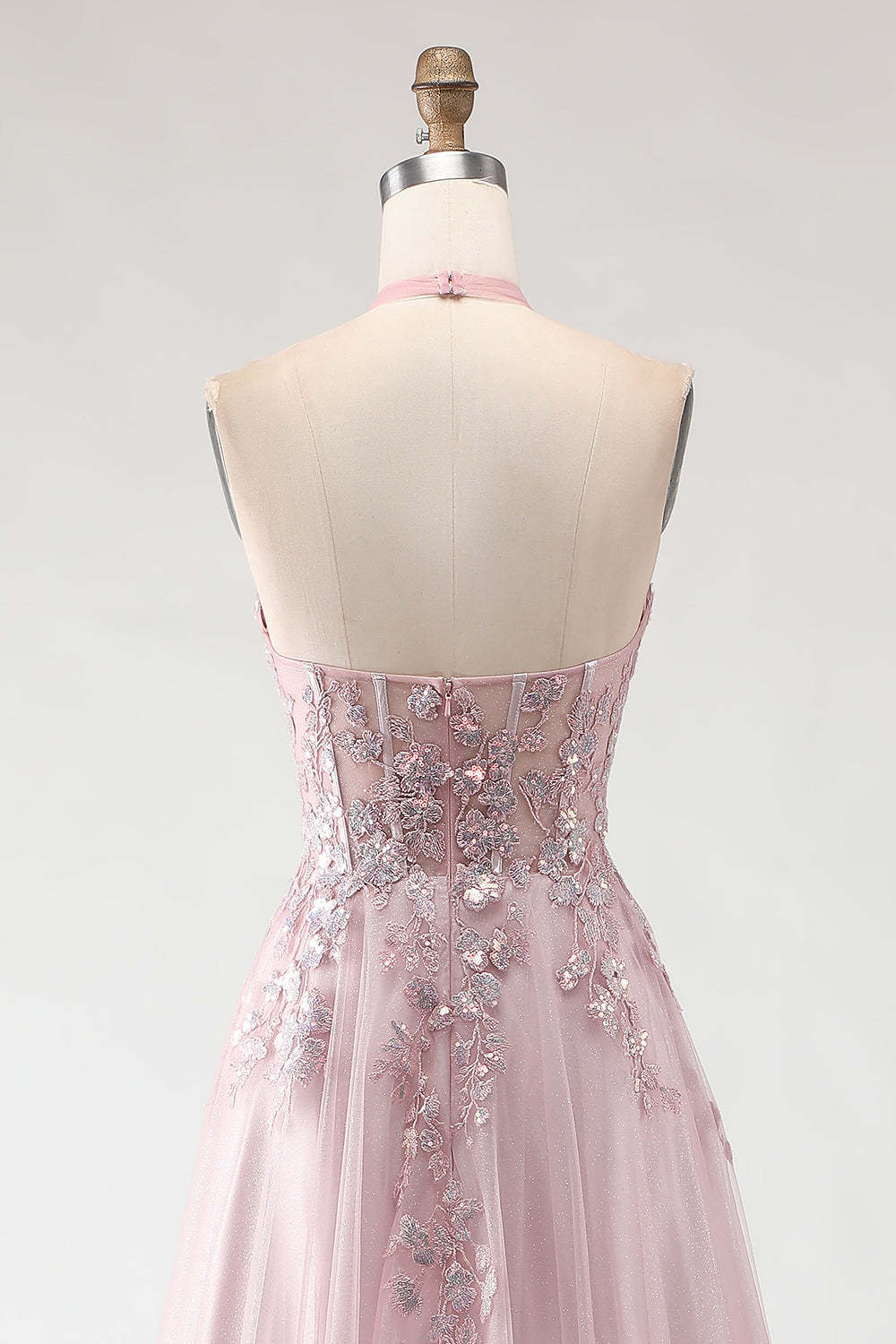 Sparkly Blush Pink A-Line Long Tulle Prom Dress with Appliques