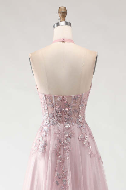 Sparkly Blush Pink A-Line Long Tulle Prom Dress with Appliques