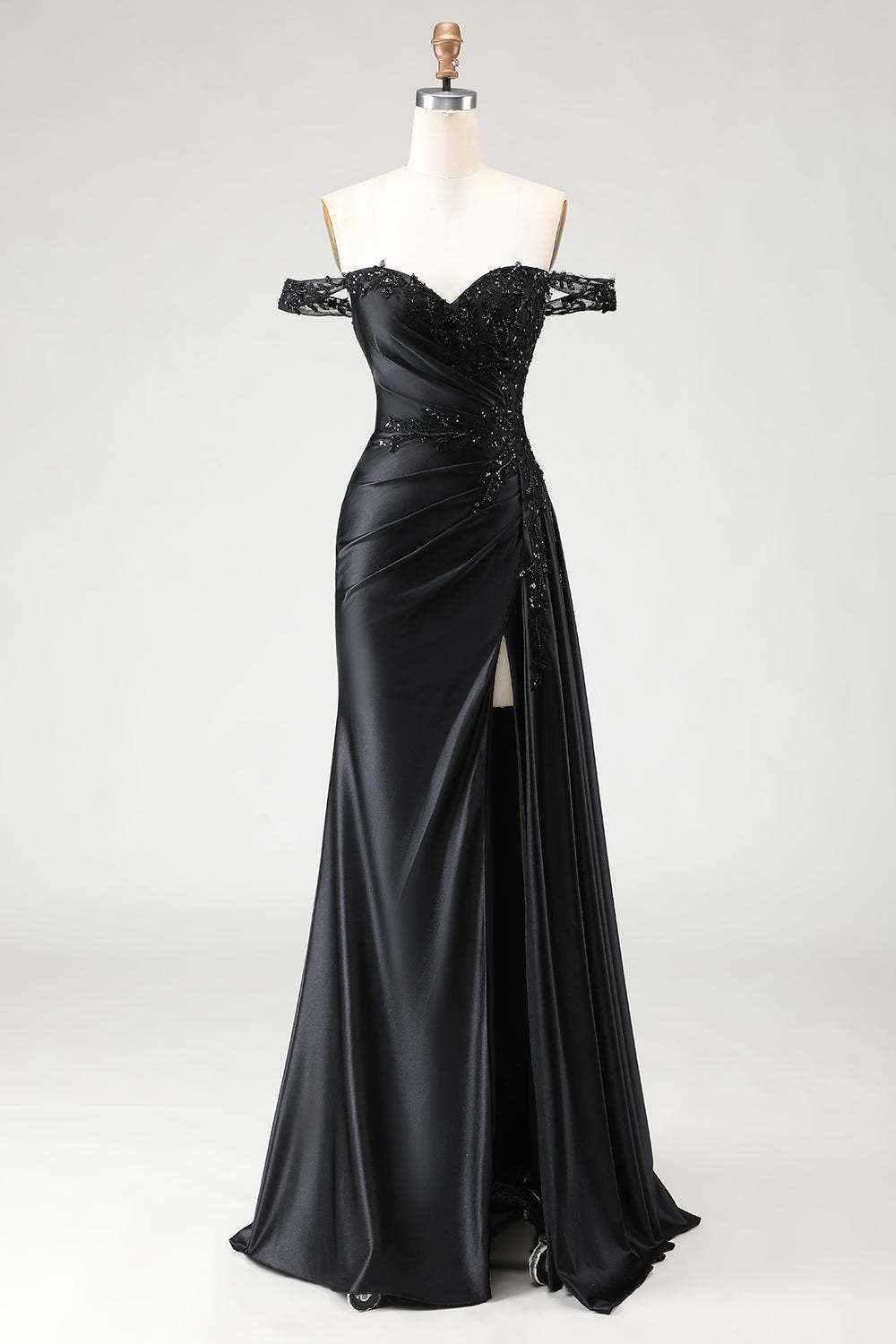 Leely Women Sparkly Black Mermaid Long Prom Dress with Slit Satin Off the Shoulder Ruched Evening Dress with Beading
