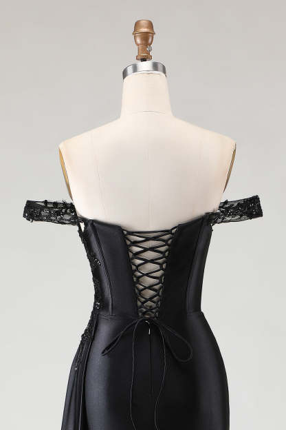 Sparkly Black Mermaid Off the Shoulder Long Prom Dress with Slit