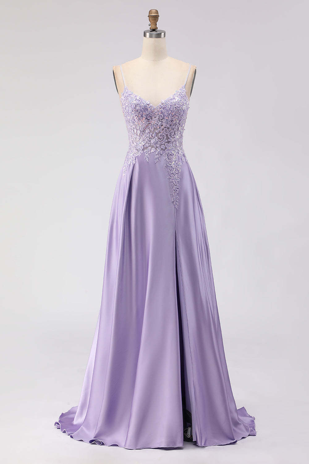 Leely Women Sparkly Purple Satin Appliqued Maxi Prom Dress with Slit Floral A Line Spaghetti Straps Lace Up Back Pageant Dress with Sequins