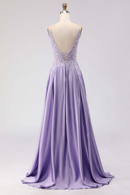 Sparkly Purple A Line Satin Appliqued Long Prom Dress with Slit