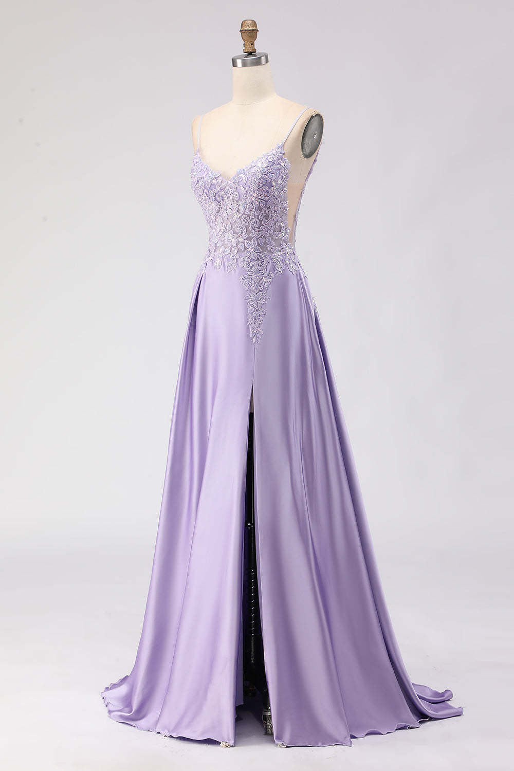 Sparkly Purple A Line Satin Appliqued Long Prom Dress with Slit