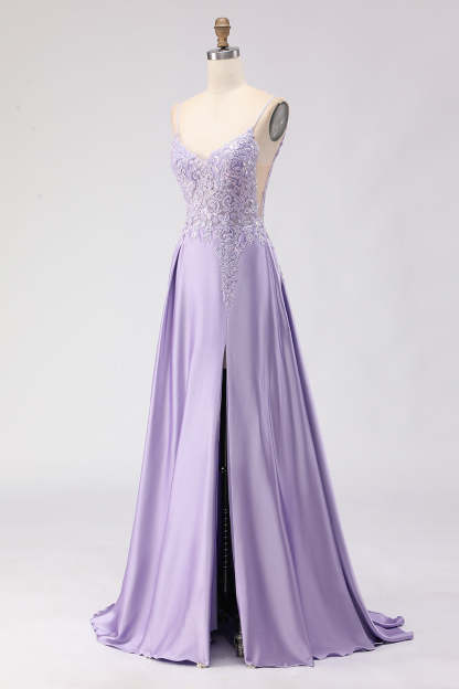 Sparkly Purple A Line Satin Appliqued Long Prom Dress with Slit