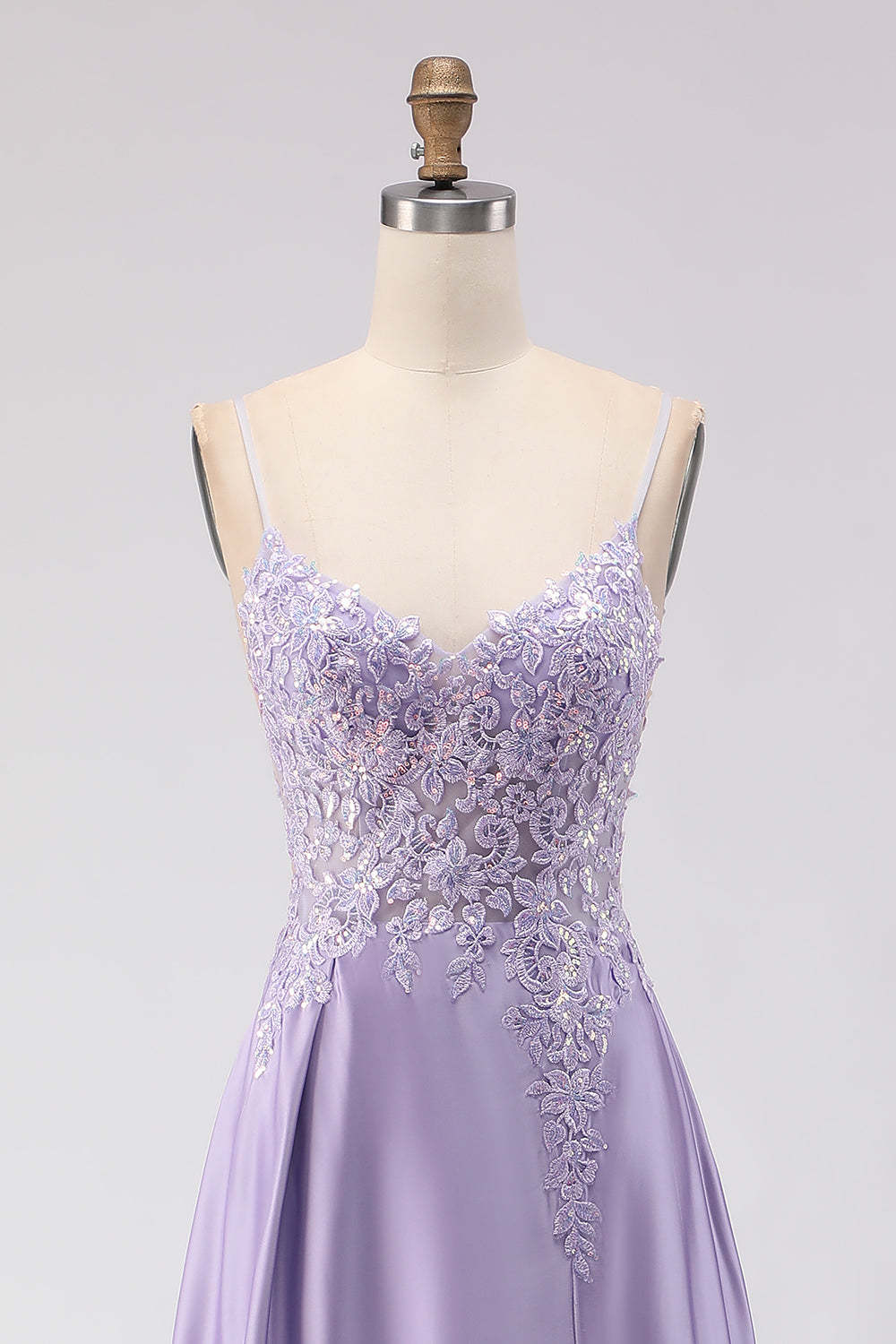Sparkly Purple A Line Satin Appliqued Long Prom Dress with Slit