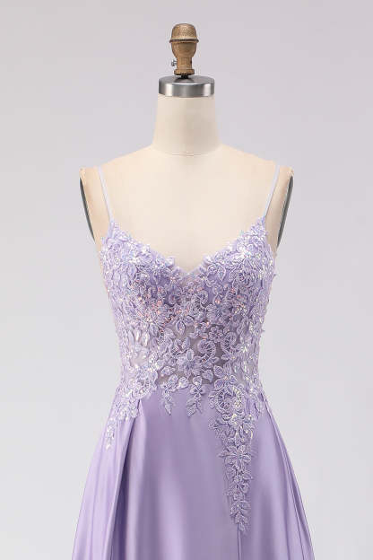 Sparkly Purple A Line Satin Appliqued Long Prom Dress with Slit