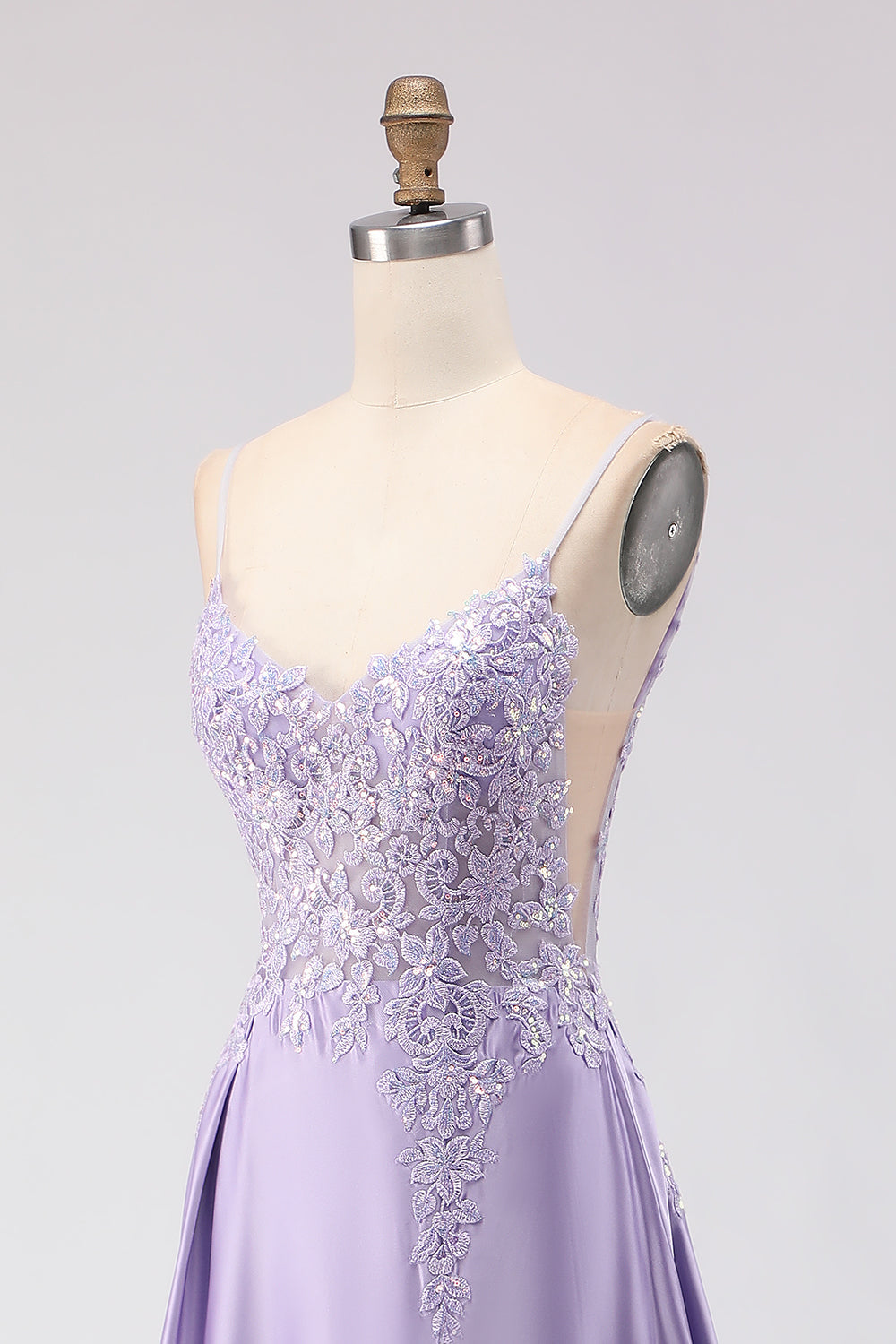 Sparkly Purple A Line Satin Appliqued Long Prom Dress with Slit