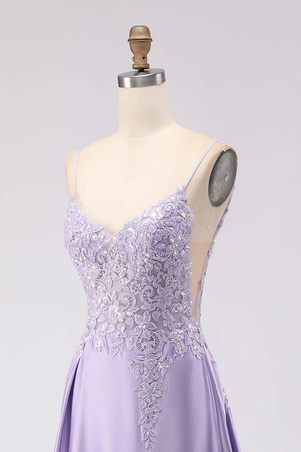 Sparkly Purple A Line Satin Appliqued Long Prom Dress with Slit