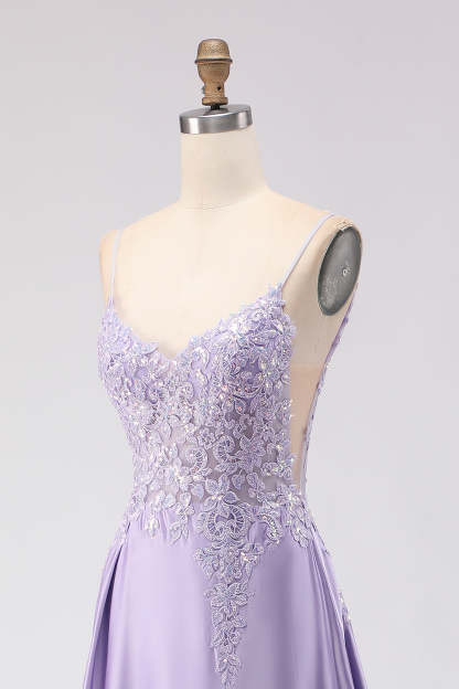 Sparkly Purple A Line Satin Appliqued Long Prom Dress with Slit