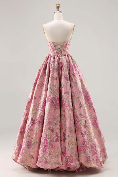 Floral Pink A Line Strapless Jacquard Long Corset Prom Dress