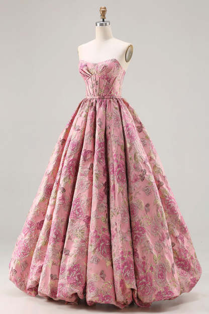 Floral Pink A Line Strapless Jacquard Long Corset Prom Dress