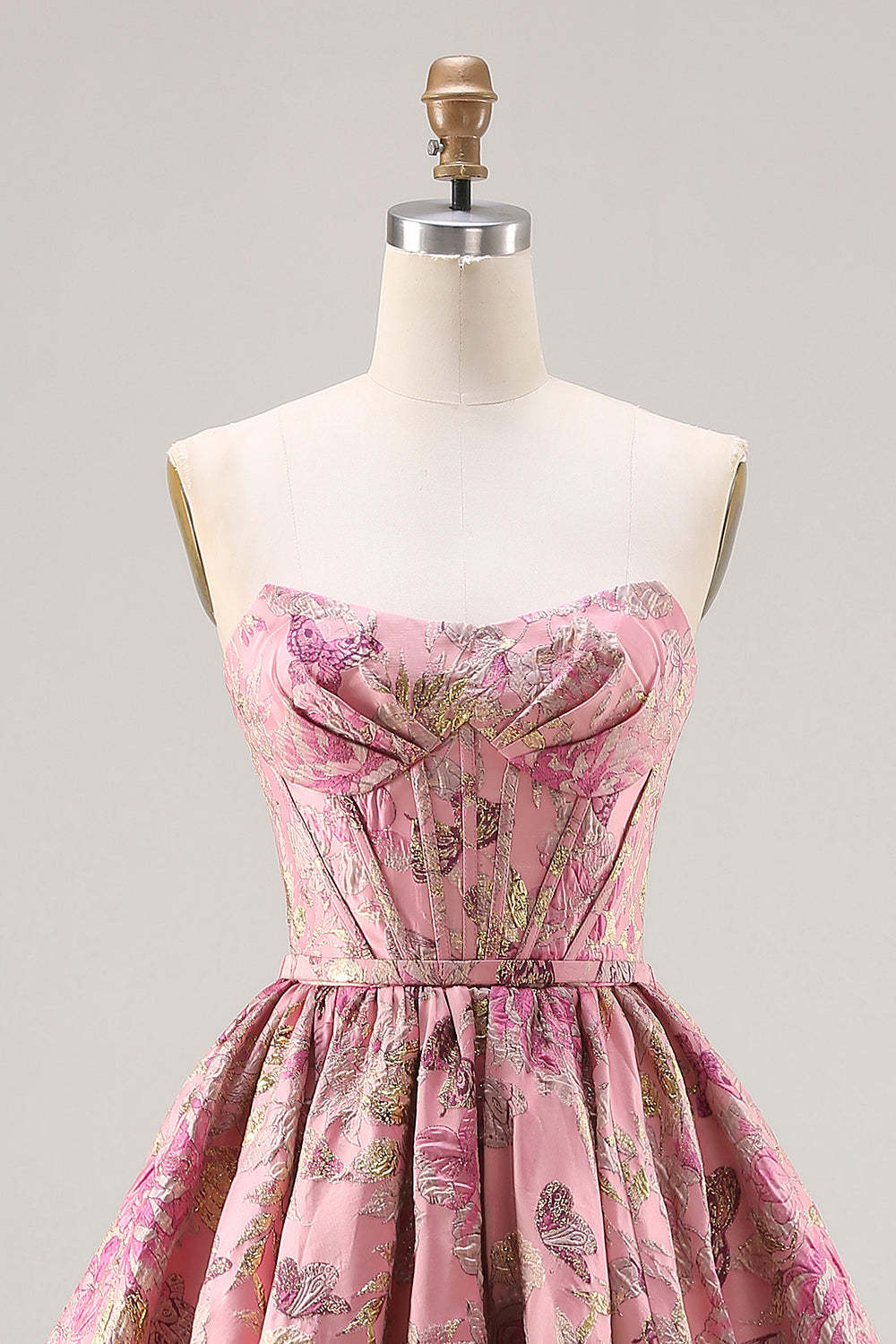 Floral Pink A Line Strapless Jacquard Long Corset Prom Dress