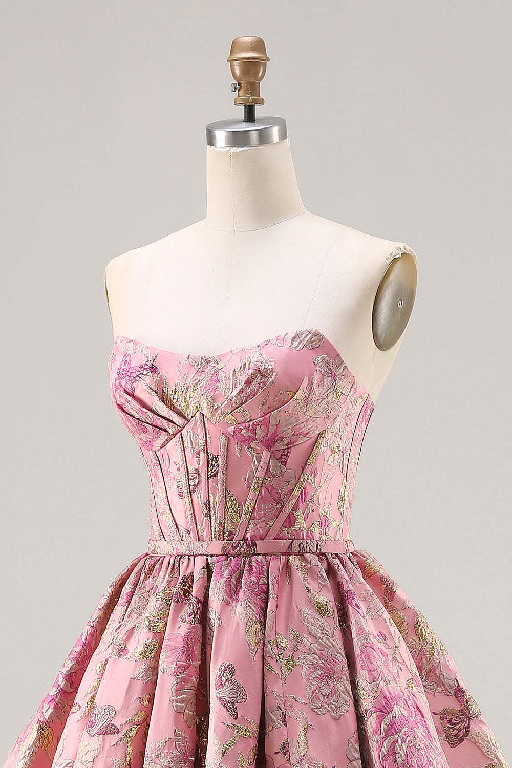 Floral Pink A Line Strapless Jacquard Long Corset Prom Dress