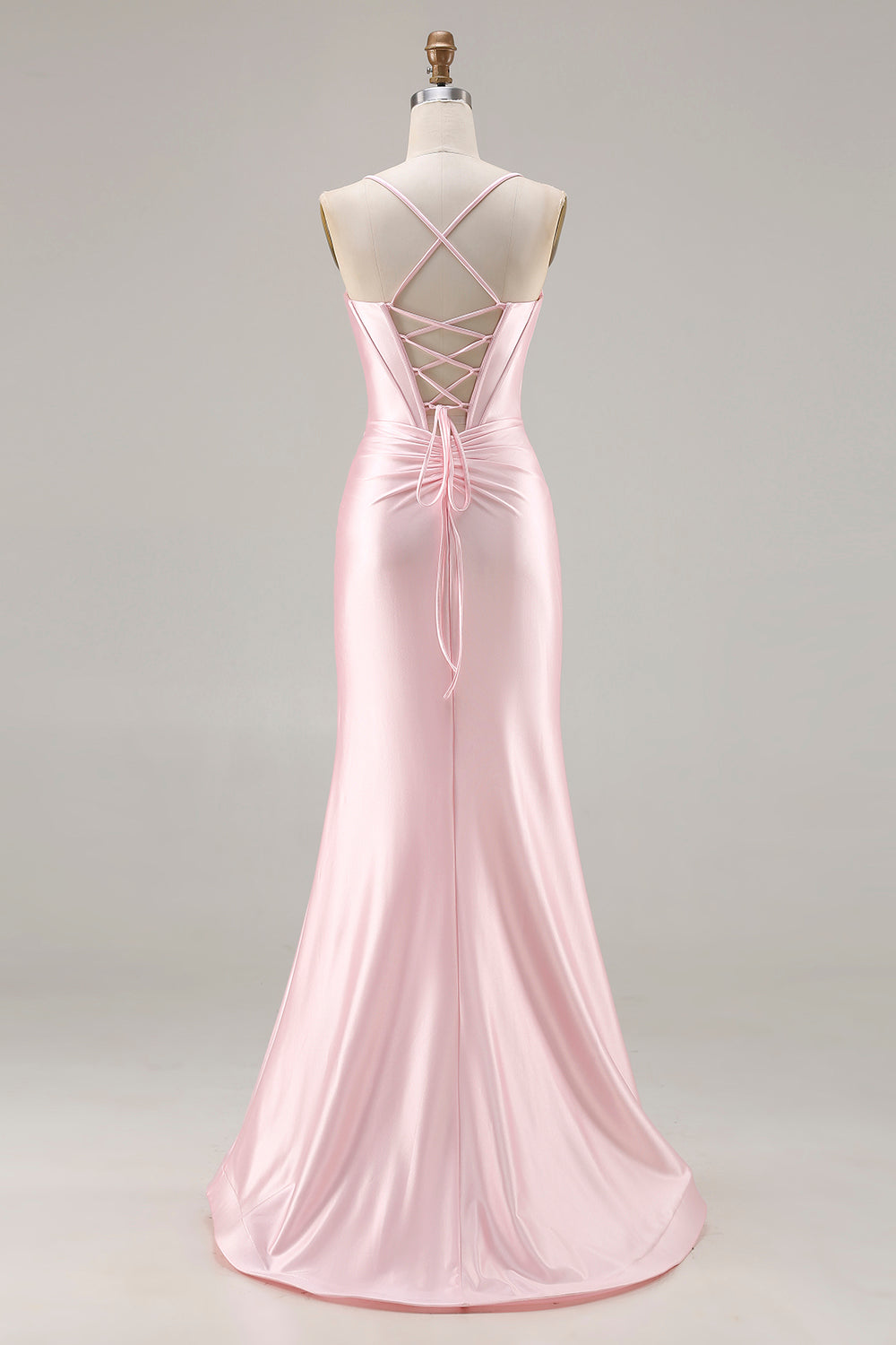 Sparkly Pink Ruched Satin Mermaid Long Corset Prom Dress with Bows