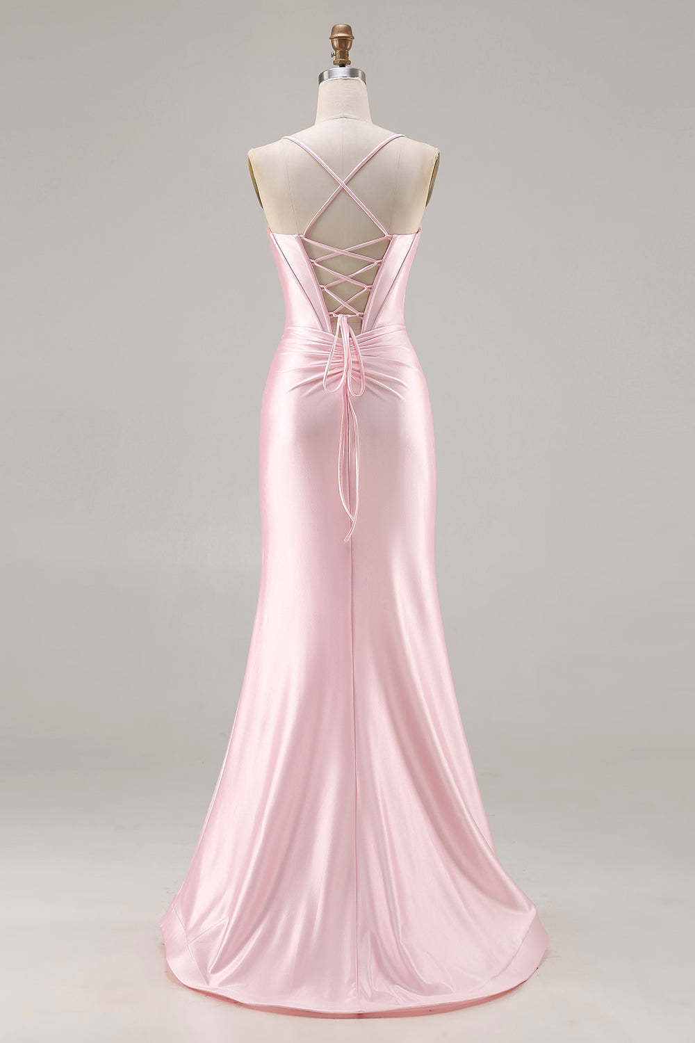 Sparkly Pink Ruched Satin Mermaid Long Corset Prom Dress with Bows