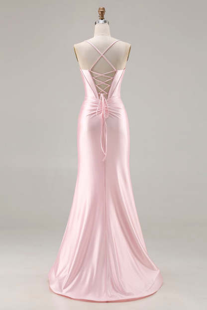 Sparkly Pink Ruched Satin Mermaid Long Corset Prom Dress with Bows