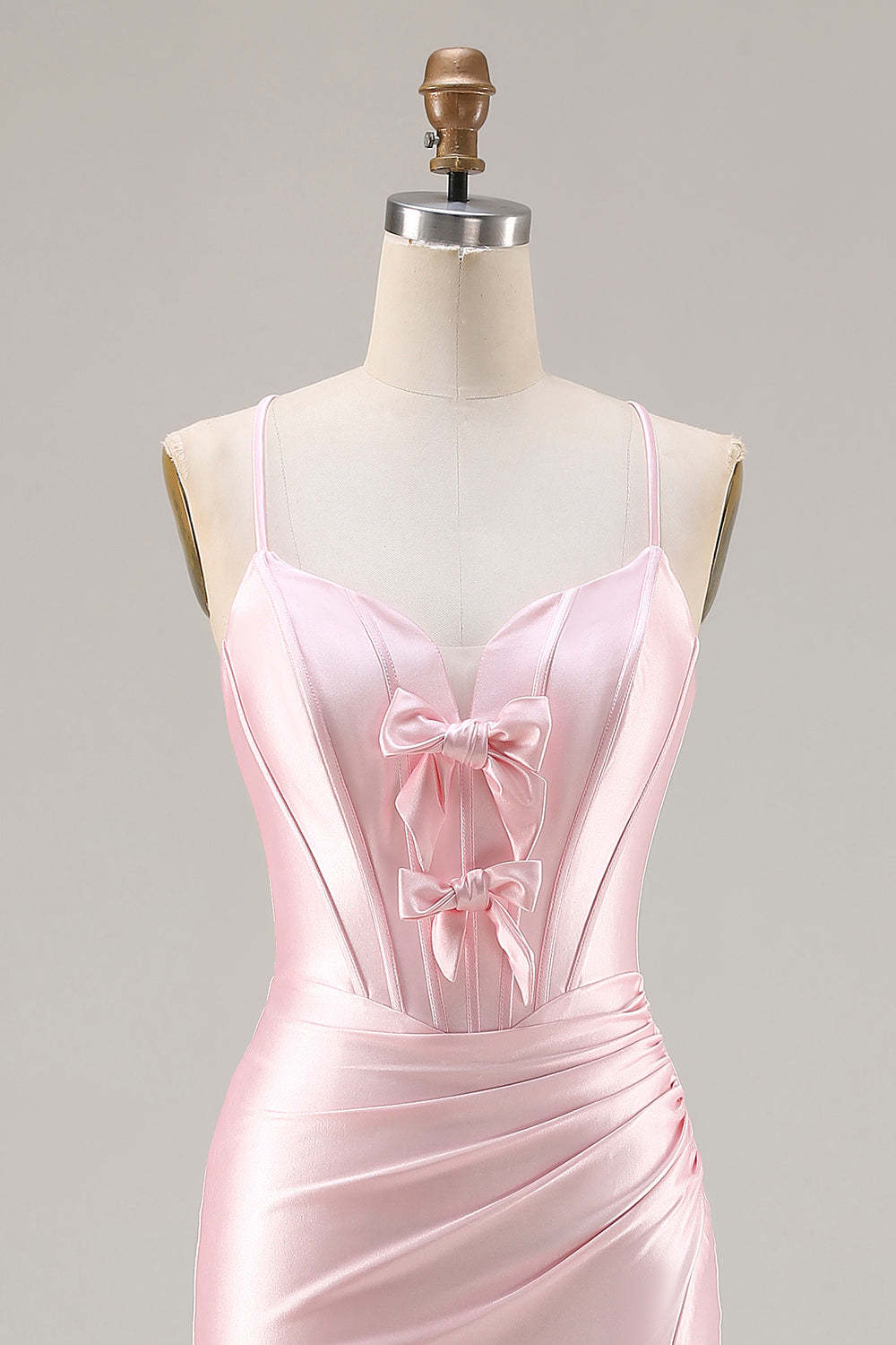 Sparkly Pink Ruched Satin Mermaid Long Corset Prom Dress with Bows