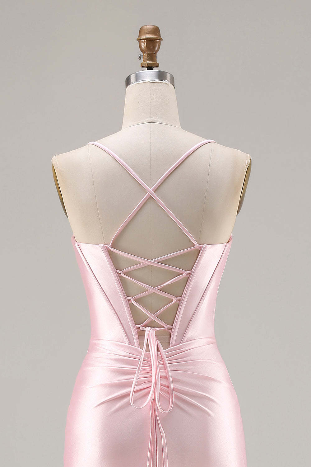 Sparkly Pink Ruched Satin Mermaid Long Corset Prom Dress with Bows