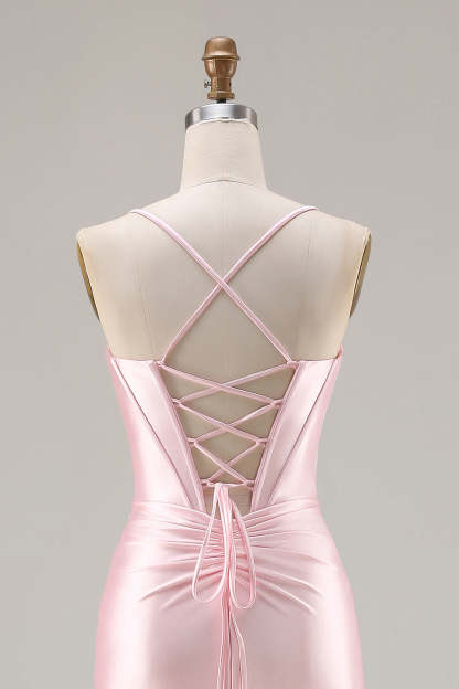 Sparkly Pink Ruched Satin Mermaid Long Corset Prom Dress with Bows