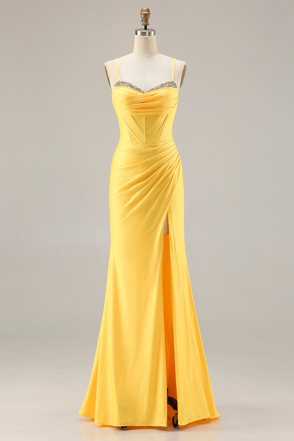 Sparkly Yellow Ruched Mermaid Long Corset Prom Dress with Beading