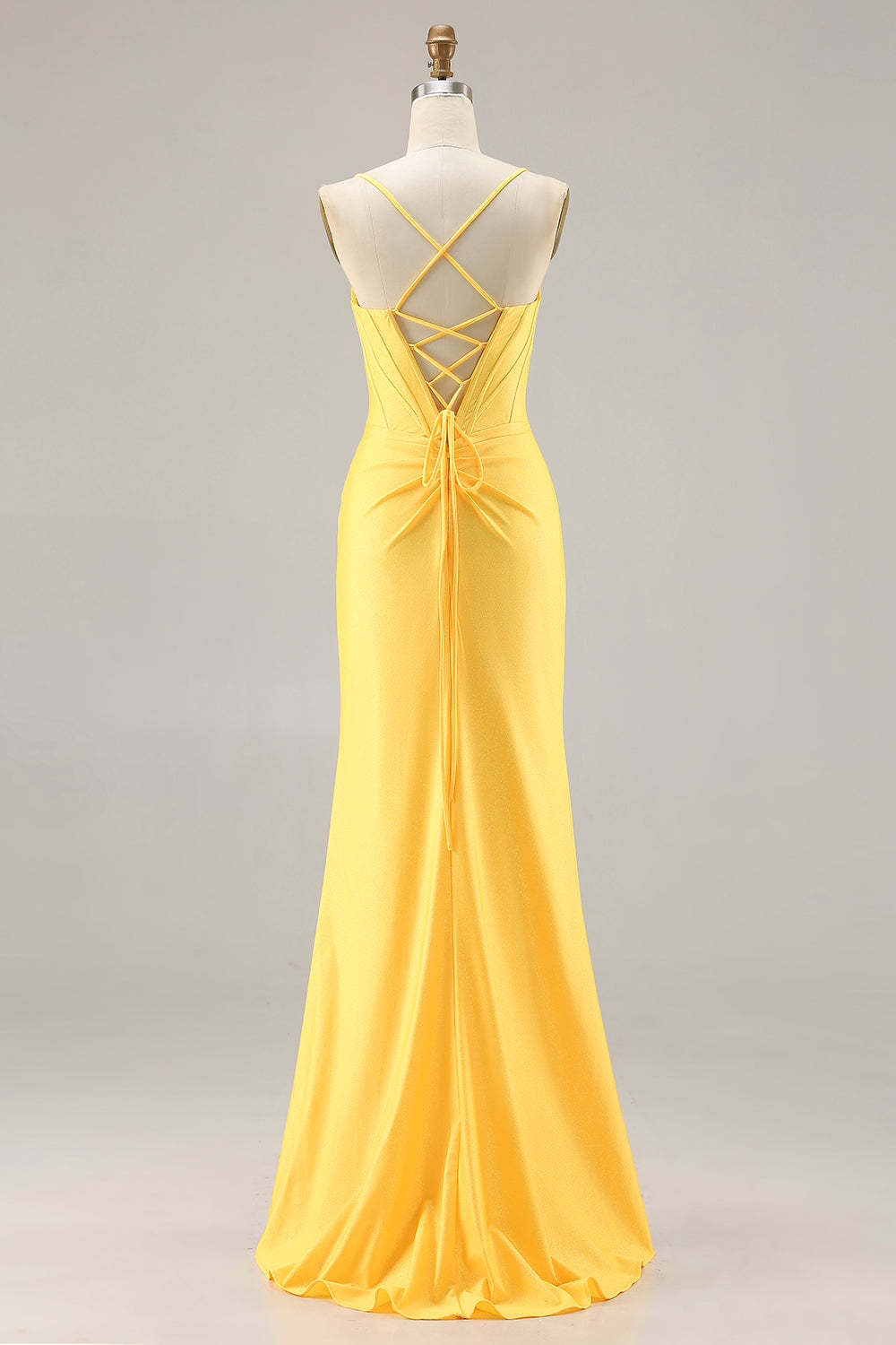 Sparkly Yellow Ruched Mermaid Long Corset Prom Dress with Beading