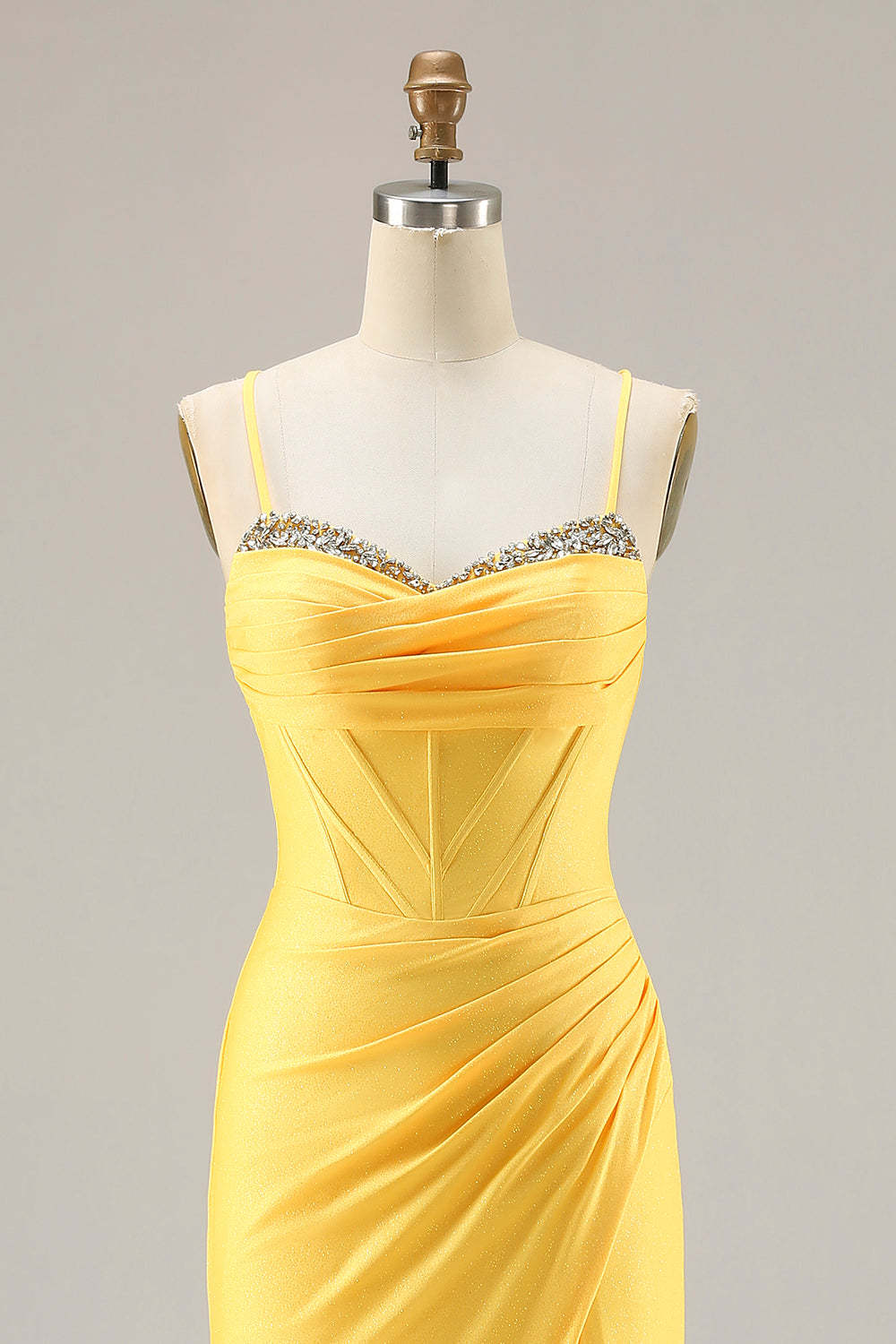 Sparkly Yellow Ruched Mermaid Long Corset Prom Dress with Beading