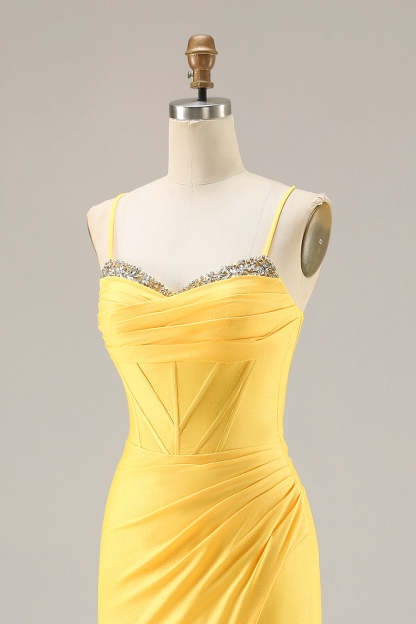 Sparkly Yellow Ruched Mermaid Long Corset Prom Dress with Beading