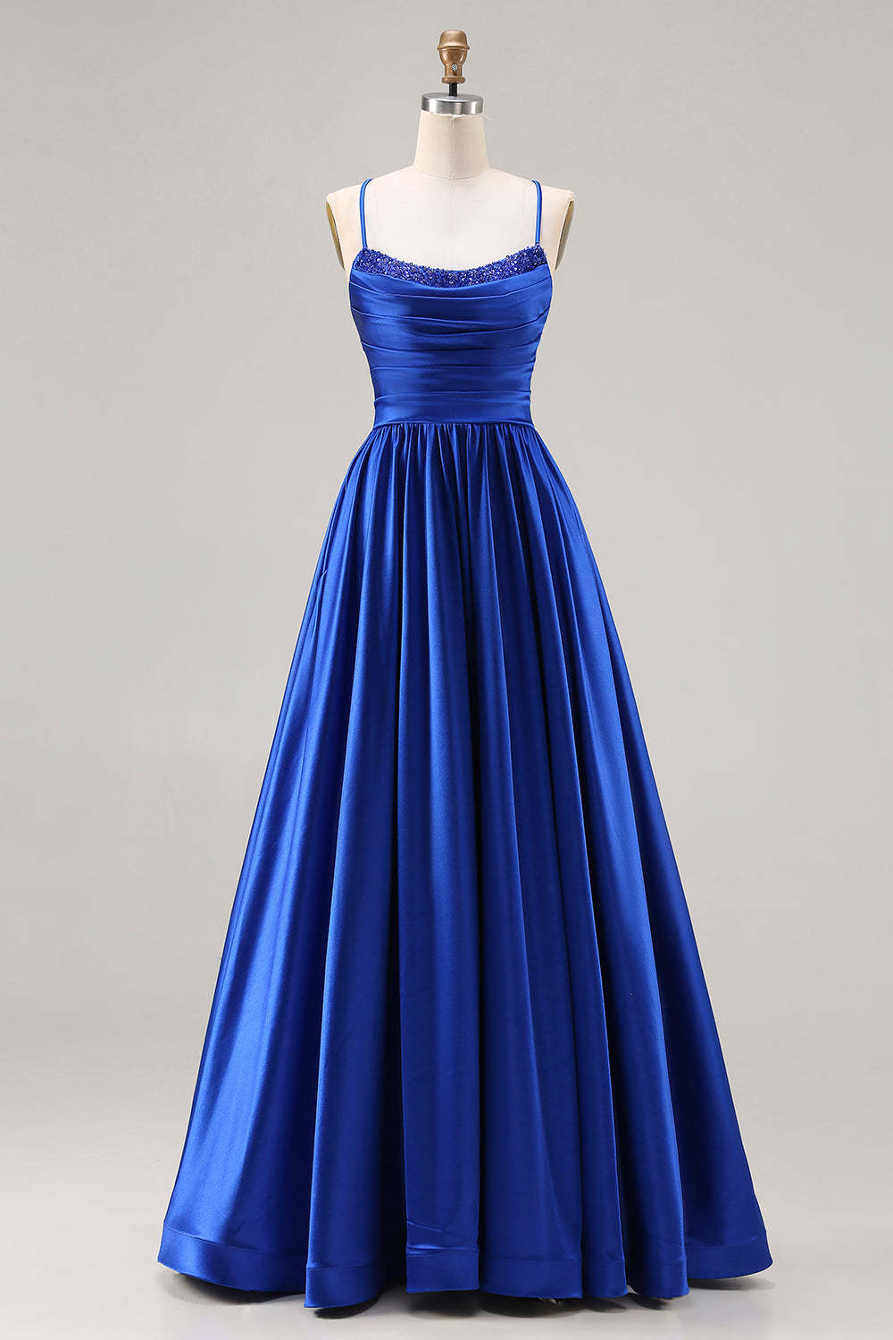 Leely Women Royal Blue Satin Maxi Prom Dress with Beading A Line Ruched Spaghetti Straps Criss Cross Back Evening Dress