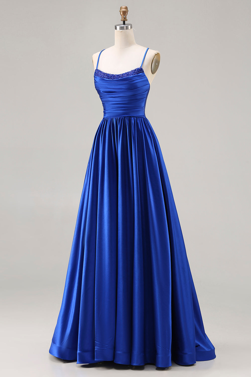 Royal Blue A Line Satin Spaghetti Straps Long Prom Dress with Beading