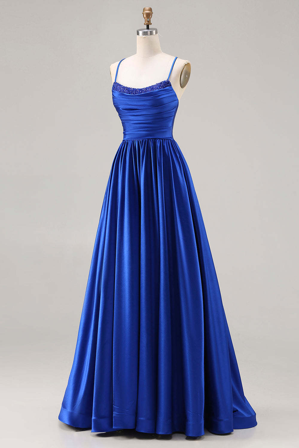 Royal Blue A Line Satin Spaghetti Straps Long Prom Dress with Beading