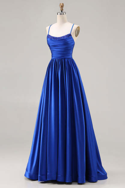 Royal Blue A Line Satin Spaghetti Straps Long Prom Dress with Beading