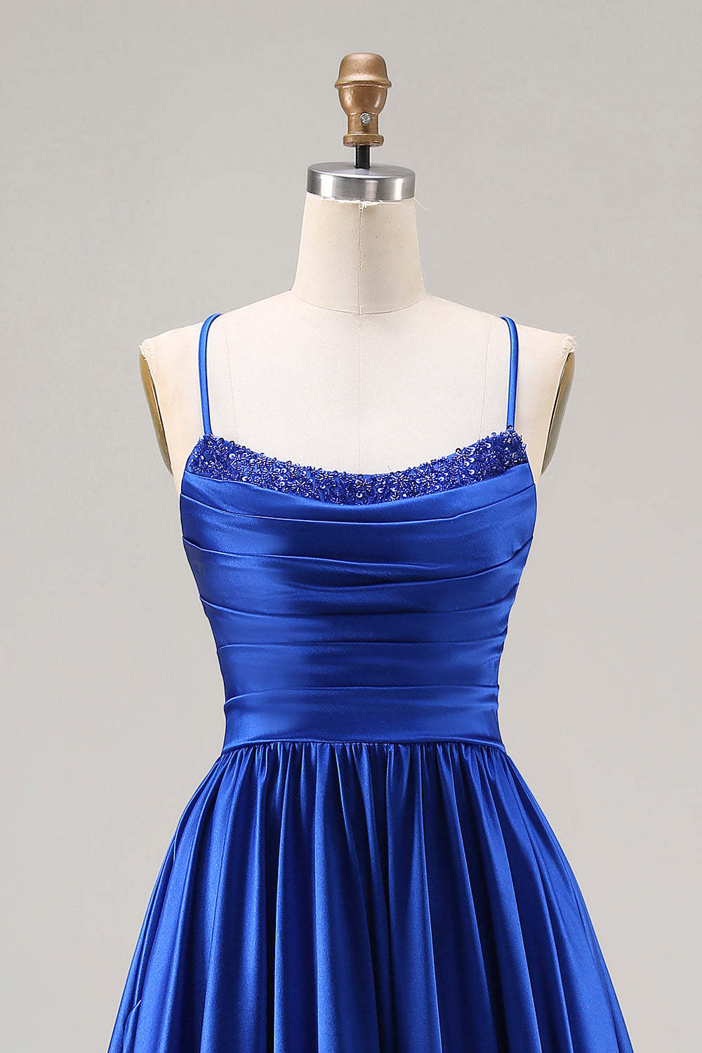 Royal Blue A Line Satin Spaghetti Straps Long Prom Dress with Beading