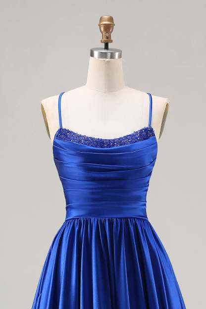 Royal Blue A Line Satin Spaghetti Straps Long Prom Dress with Beading