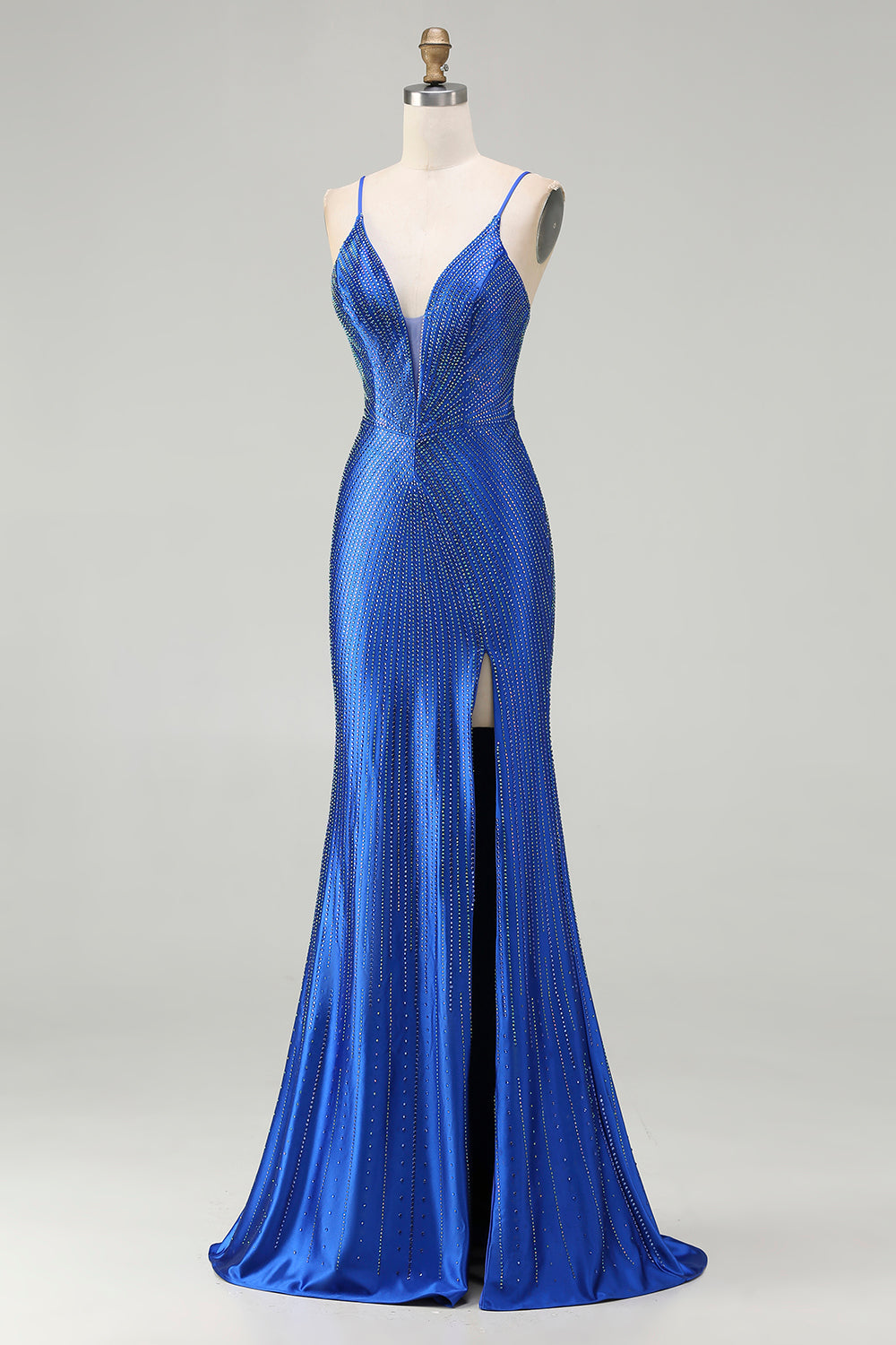 Sparkly Royal Blue Mermaid Beaded Long Satin Prom Dress with Slit