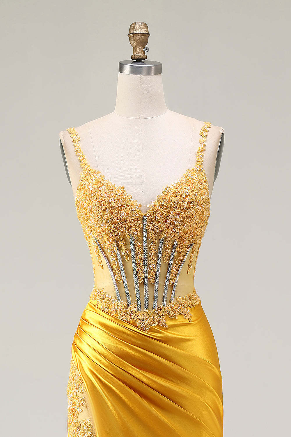 Sparkly Yellow Satin Mermaid Ruched Long Corset Prom Dress with Slit