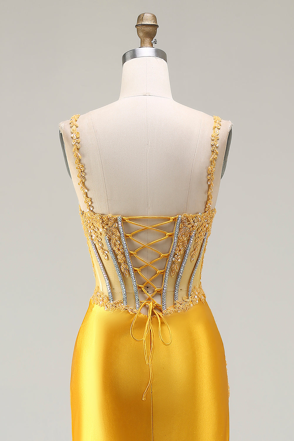 Sparkly Yellow Satin Mermaid Ruched Long Corset Prom Dress with Slit