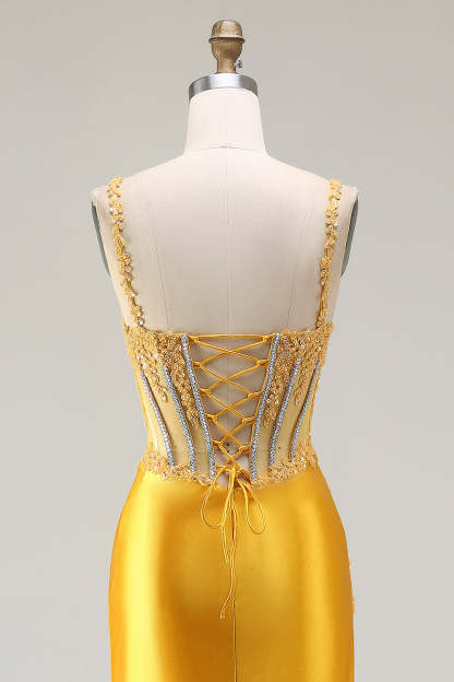 Sparkly Yellow Satin Mermaid Ruched Long Corset Prom Dress with Slit