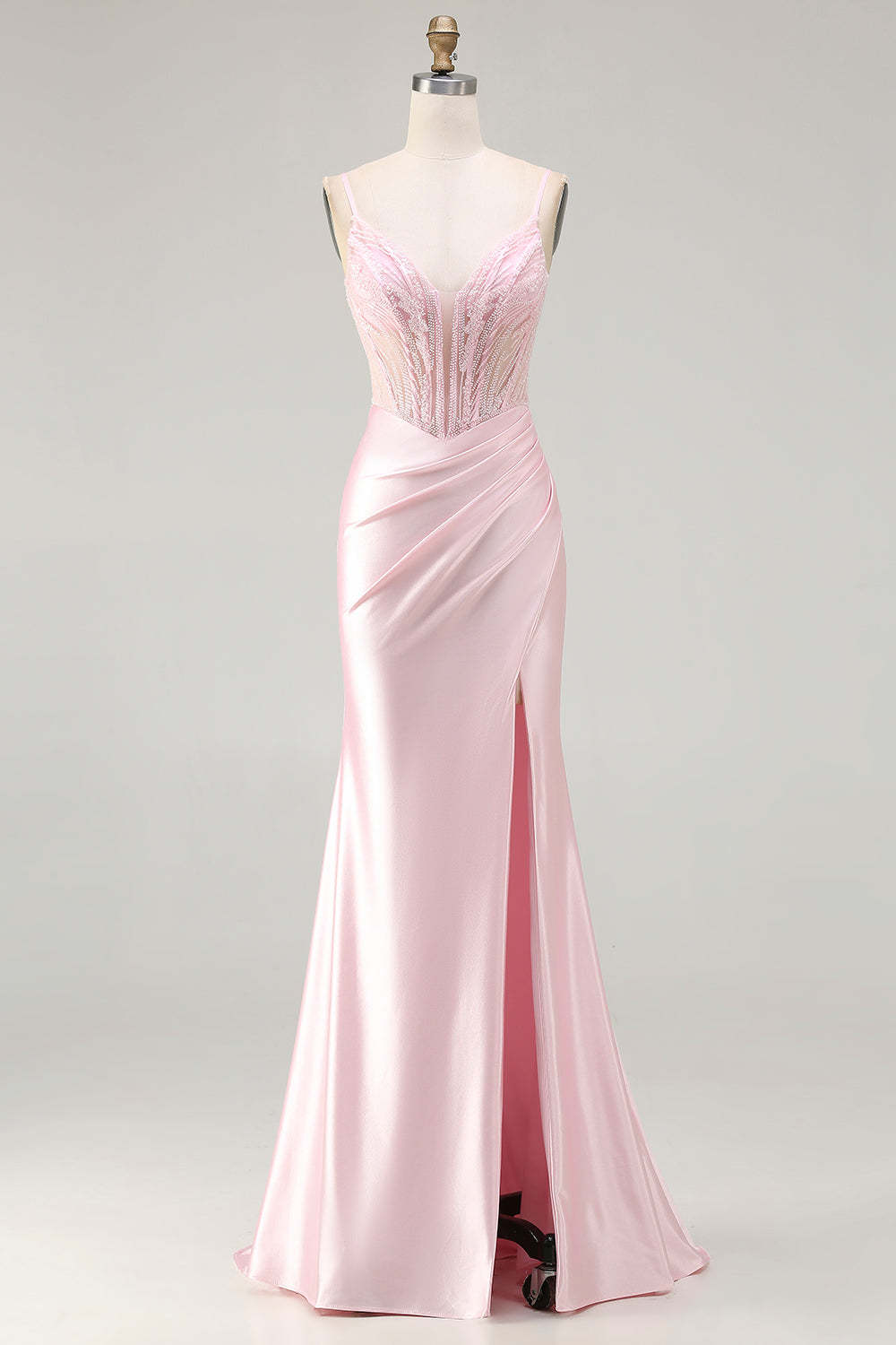 Leely Women Sparkly Pink Mermaid Long Corset Prom Dress with Slit Ruched Beaded Satin Spaghetti Straps Formal Dress