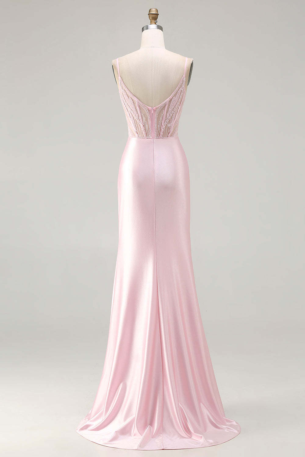 Sparkly Pink Mermaid Beaded Satin Long Corset Prom Dress with Slit